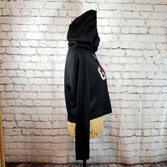 GUESS 'Eliza' Mesh Cropped Black Hooded Long Sleeve Top Size M NWT - Picture 3 of 9